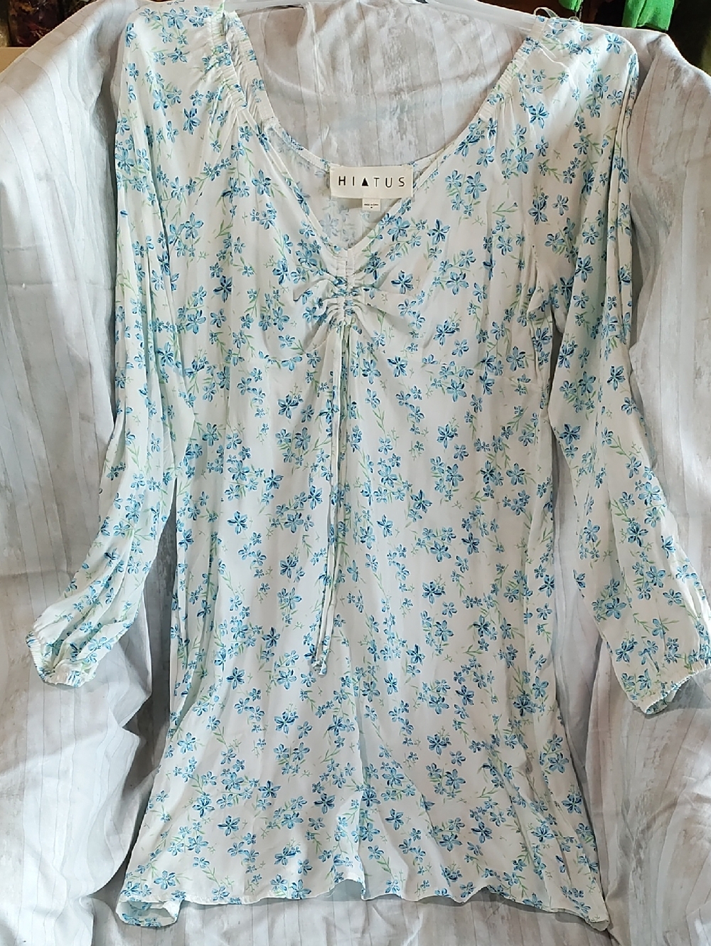 Hiatus Light Blue Floral, Long-sleeve, Peasant-style Dress, 100% Rayon, Size M